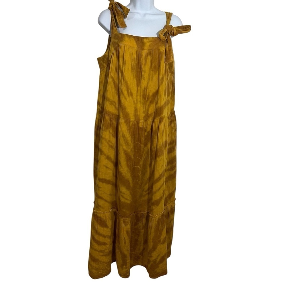 Wonderly Mustard Yellow Tie Dye Maxi Dress Size Large Bow Tie Straps 100% Cotton